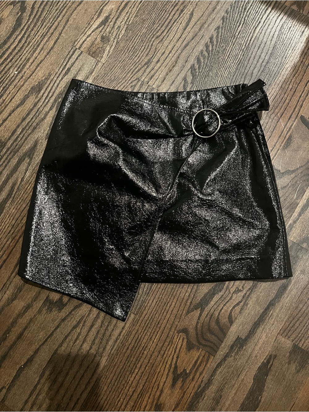 J.O.A Los Angeles - Black Faux Leather Wrap Mini Skirt with Buckle - size small